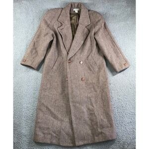Vintage Herringbone Double Breasted Full Length 100% Wool OverCoat Women 10